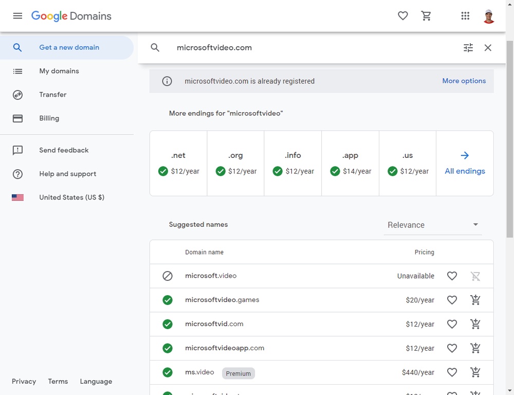 A list of Microsoft video-related domains for sale