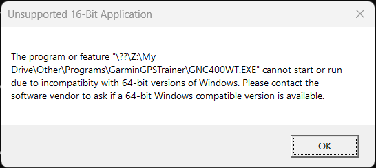 Unsupported 16-bit application. The program or feature GNC400WT.EXE cannot start or run due to incompatibility with 64-bit versions of Windows