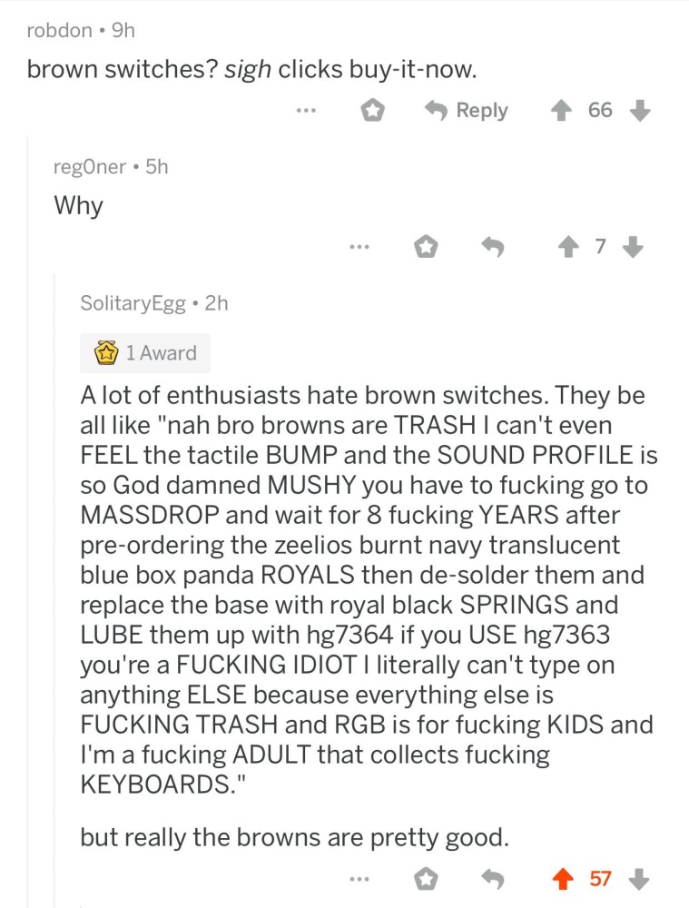 /u/SolitaryEgg has some strong feeling towards the /r/MechanicalKeyboards community