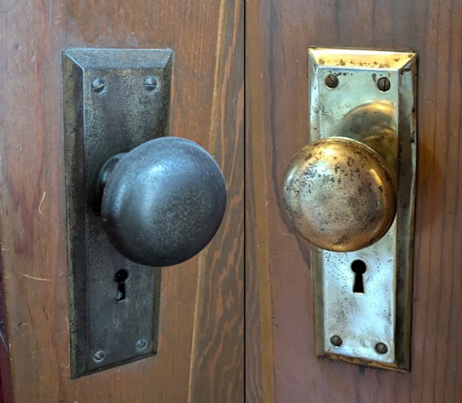 Side-by-side of door hardware before and after polishing