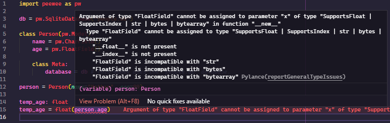 Type 'FloatField' cannot be assigned to type 'SupportsFloat | SupportsIndex | str | bytes | bytearray'
