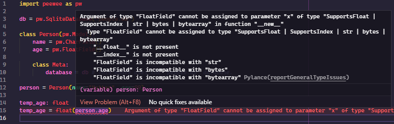 Type ‘FloatField’ cannot be assigned to type ‘SupportsFloat | SupportsIndex | str | bytes | bytearray’