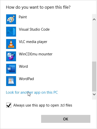 Selecting a default program association for .tcl files