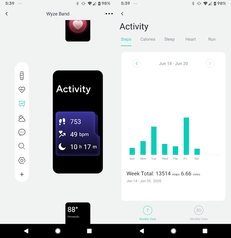 The activity screen on the Band and in the Wyze app