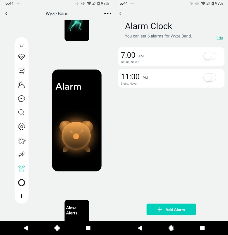 The alarm screen on the Band and in the Wyze app