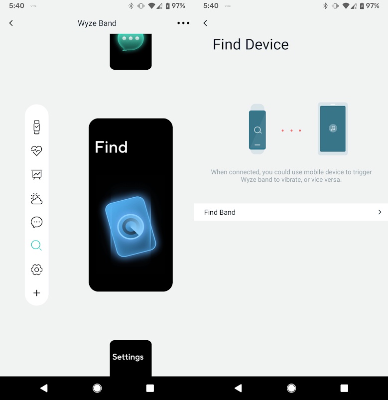 The find device screen on the Band and in the Wyze app