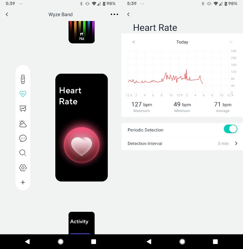The heart rate screen on the Band and in the Wyze app