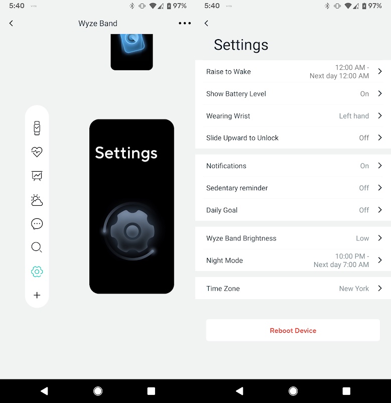 The settings screen on the Band and in the Wyze app