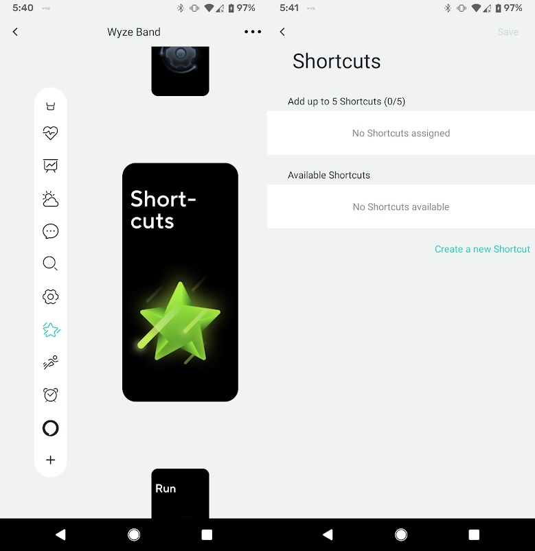 The shortcuts screen on the Band and in the Wyze app