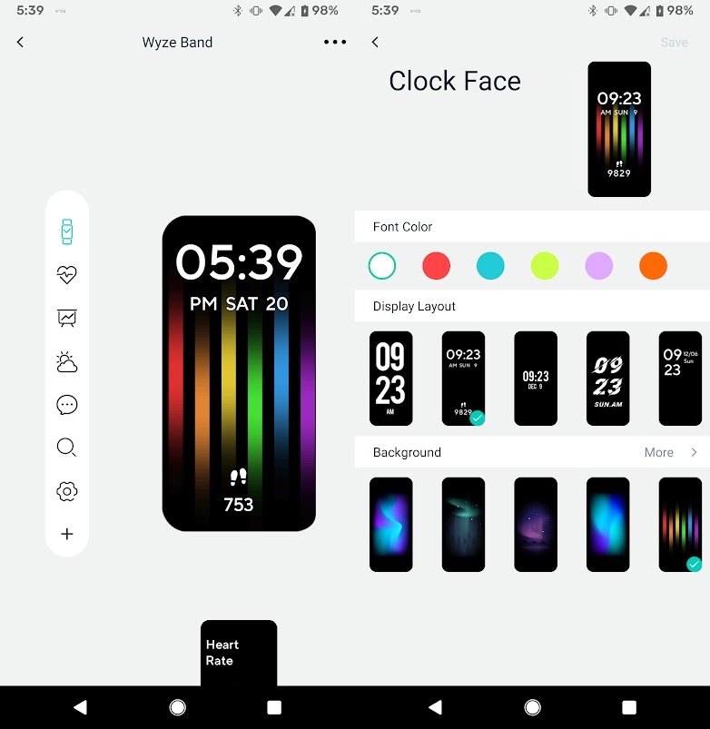 The watch face on the Band and in the Wyze app
