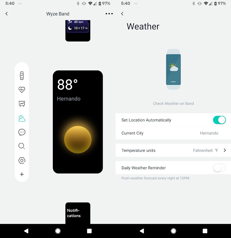 The weather screen on the Band and in the Wyze app